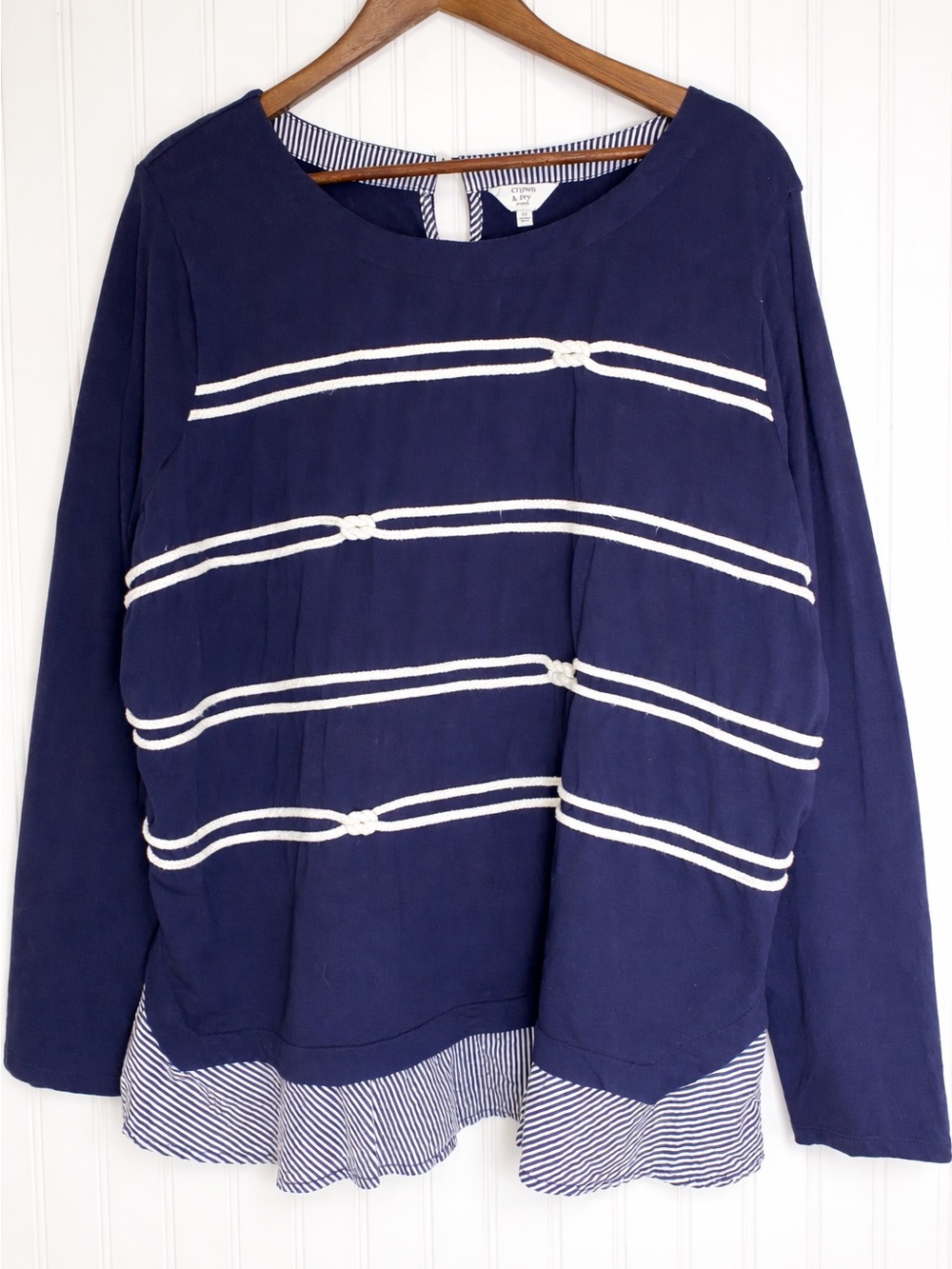 Womens 3X Navy Nautical Top White Stripe Rope Knot Ruffle Hem Coastal Plus Size